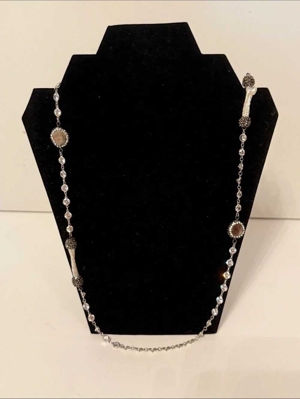 NECKLACE STERLING SILVER CHAIN BEZEL SET CRYSTALS WHITE BAROQUE PEARLS PAVE 37”